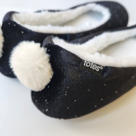 Totes Ballet Slippers Black Sparkles Faux Fur Bunny Cozycore Sleepwear Comfy L - Picture 7 of 12